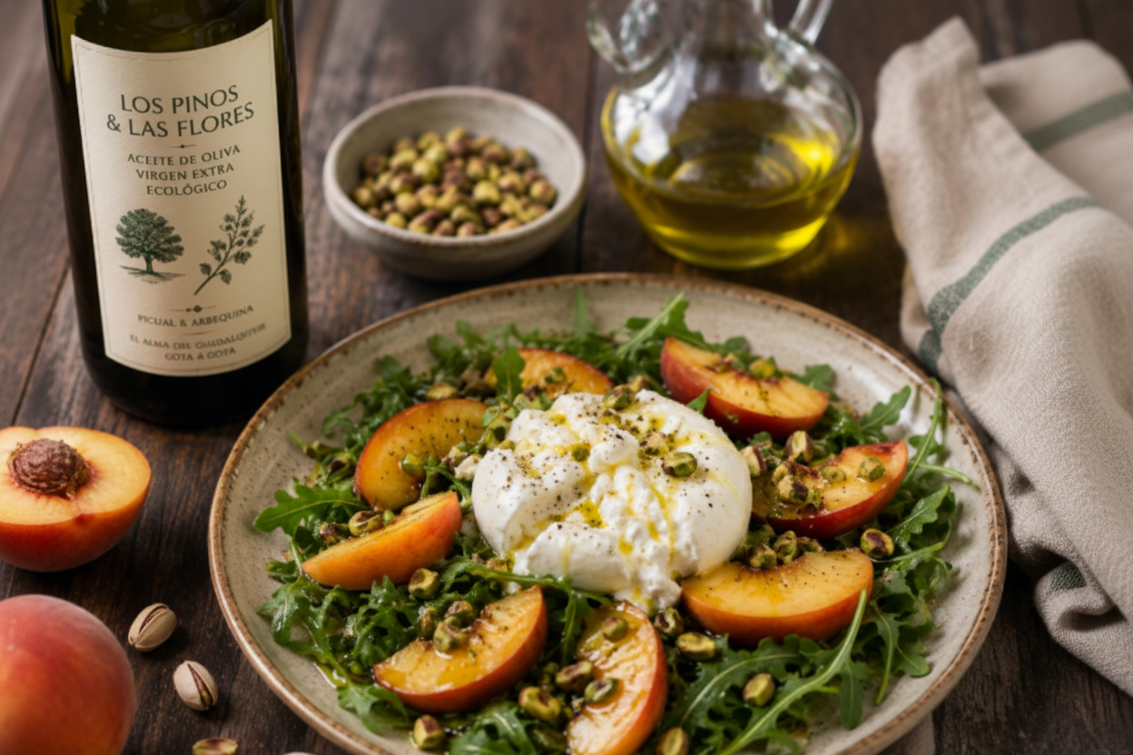 Ensalada de Burrata, Durazno y Pistache